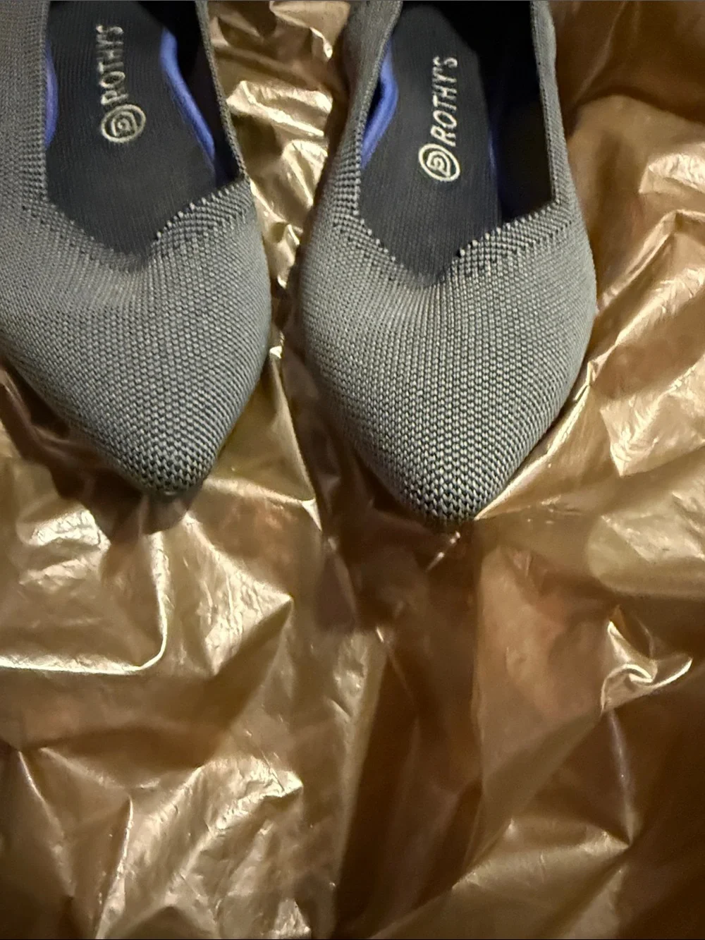 Rothy's Pointed Knit Flats in Gray with Blue Trim